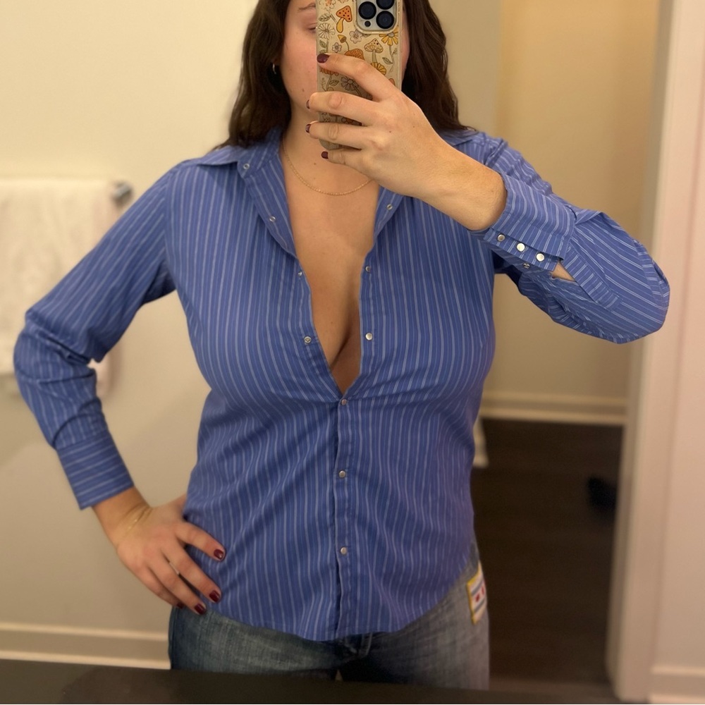Blue button down striped shirt